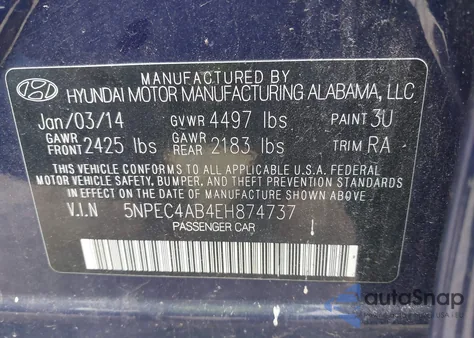 2014 Hyundai Sonata Se 2.0T from USA, damaged, VIN 5NPEC4AB4EH874737